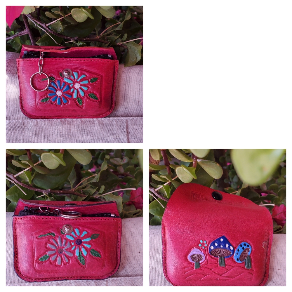 Red Leather Wallet with Floral and Mushroom Design